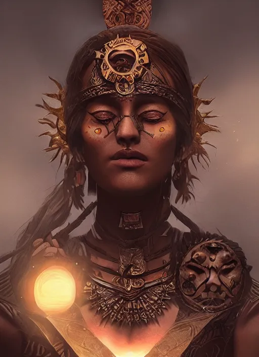 Image similar to aztec sun goddess, dark shadows, contrast, concept art, sharp focus, digital art, Hyper-realistic, 4K, Unreal Engine, Highly Detailed, Dramatic Lighting, Beautiful, by bastien lecouffe-deharme