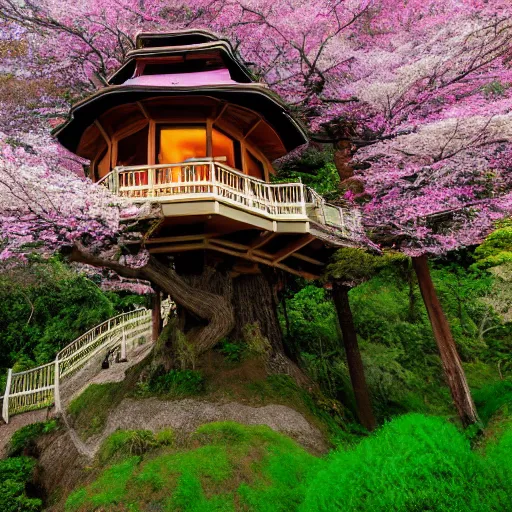 Image similar to fancy pagoda styled treehouse mansion on cliff overlooking terraced fields and pink cherry blossom trees, detailed luminescent painting 4 k