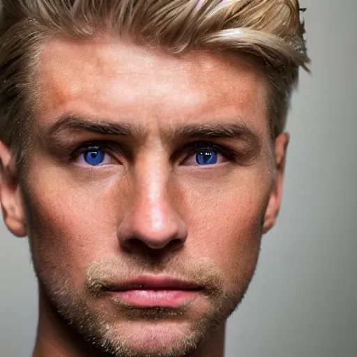 Image similar to close up of face of very handsome 4 0 year old slavic blond man with blond stubble, very short wavy blond hair in a short pompadour style, very pale skin, blue eyes, hairy shoulders, hairy chest, portrait, 4 k