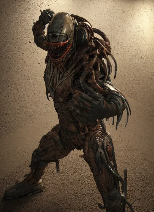 Image similar to a photorealistic dramatic hyperrealistic render of predator the alien hunter, ultra realistic details, well worn, rust, oil stains designed by vitaly bulgarov and mike nash, beautiful dramatic dark moody tones and lighting, cinematic atmosphere, studio lighting, global illumination, shadows, dark background, octane render, 8 k