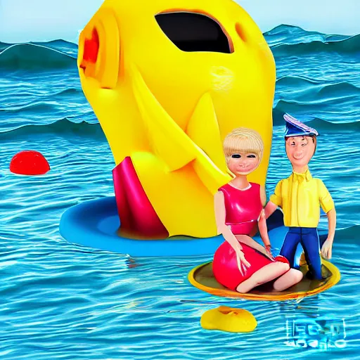 Image similar to ken and barbie having cake by the ocean on a yellow submarine - digital art