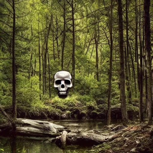 Image similar to a photo of a dream world, forest, river, skull, church