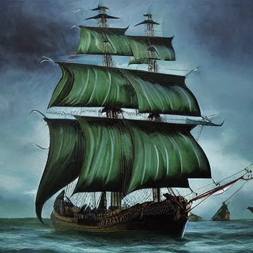 Image similar to pirate ship galleon dark green hull, pitch black sails, beautiful photorealistic painting