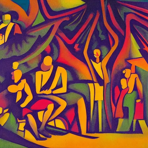 Image similar to oil on masonite painting by aaron douglas of a psychedelic conference of scientists / professors / researchers, high detail