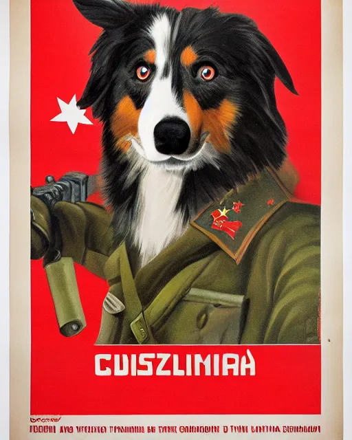 Image similar to communist propaganda poster of an australian shepherd soldier, communist china art