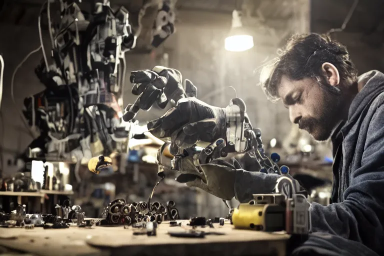 Image similar to cinematography closeup portrait of a Man soldering repairing robot parts in his garage by Michael Bay