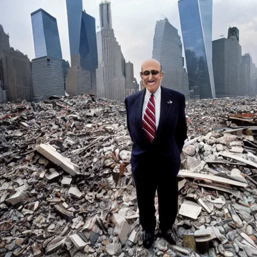 Prompt: an extreme wide shot of Rudy Giuliani standing smiling with his pants off on top of the world trade center rubble pile in new york