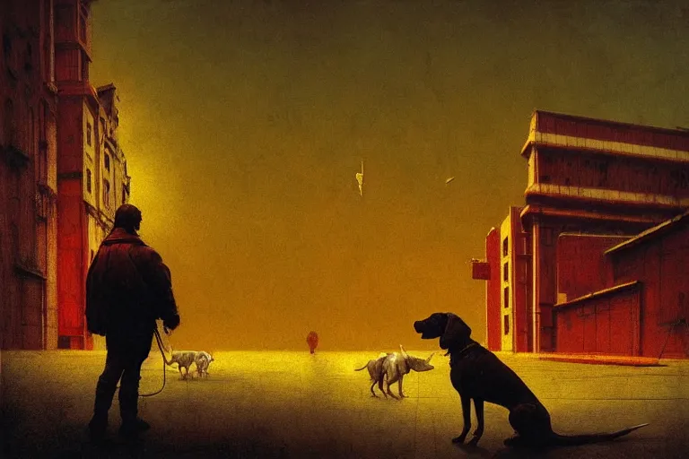 Image similar to a white hunting dog pointing at a supermarket, in the style of beksinski, intricate and epic composition, yellow by caravaggio, insanely quality, highly detailed, masterpiece, red light, artstation, 4 k