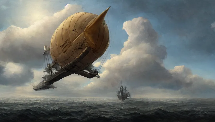 Prompt: a large pirate airship flying among the clouds, soaring through the sky, airship, realist painting, pirate, beautiful, highly detailed, trending on art station