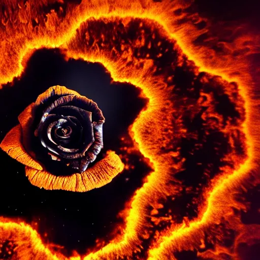 Image similar to outstanding, award - winning macro of a beautiful black rose made of fiery molten magma and nebulae on vantablack background by harold davis, georgia o'keeffe and harold feinstein, highly detailed, hyper - realistic, mysterious inner glow, trending on deviantart, artstation and flickr, nasa space photography, national geographic