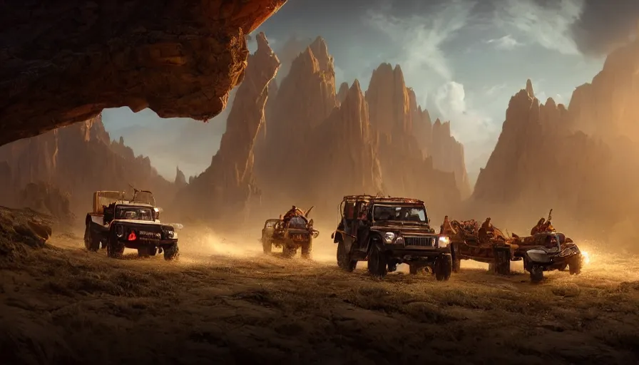 Image similar to mahindra thar, tribe members attacking, action scene, an epic fantasy, dramatic lighting, cinematic, establishing shot, extremely high detail, photorealistic, cinematic lighting, maxwell boas jessica rossier christian dimitrov anton fadeev, zaha hadid, trending on artstation, cgsociety, rendered in unreal engine 4 k hq