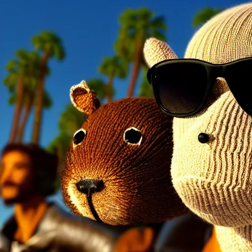 Prompt: a closeup photorealistic photograph of a knitted cute Capybara wearing stylish sunglasses, dressed in a beanie cap and riding on a motorcycle in Hollywood at sundown. Palm trees in the background. This 4K HD image is Trending on Artstation, featured on Behance, well-rendered, extra crisp, features intricate detail and the style of Unreal Engine.