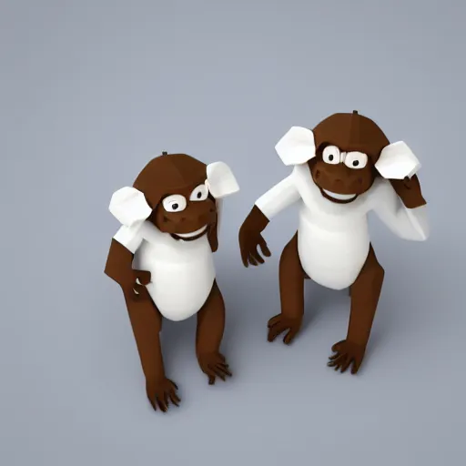 Prompt: isometric 3 d render of a three headed monkey, white background, ambient occlusion, cute, low poly