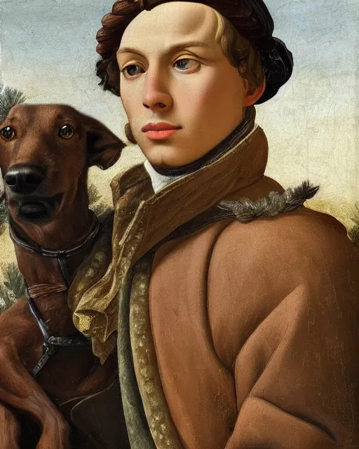 Prompt: beautiful close - up, oil on canvas, portrait of beautiful young man in hunting clothes of 1 7 th century with a greyhound!! dog, autumn field, cinematic lighting, highly detailed, digital art, renaissance painting, by botticelli, by rutkowsky