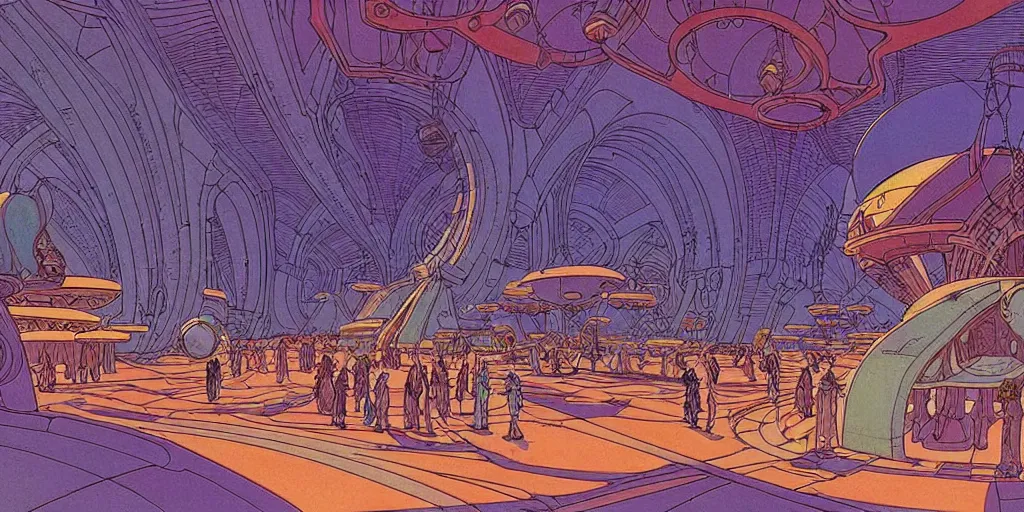 Image similar to cel shaded cinematic shot of the interior of a sci-fi space station with ornate Elven architecture bustling with people, epic castle, emerald, crystalline, detailed illustration, sharp focus, crisp lines, art by Moebius!!!, Jean Giraud Moebius!!! comic illustration