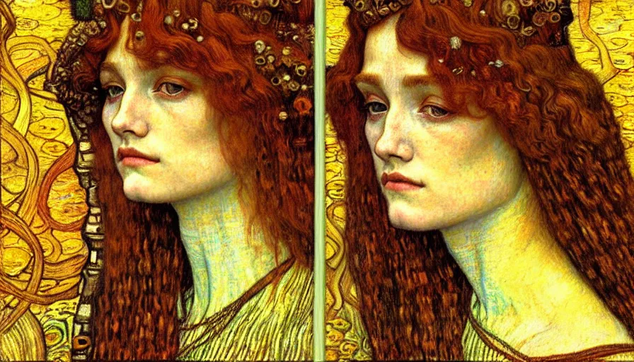 Image similar to detailed realistic beautiful young medieval queen face portrait by jean delville, gustav klimt and vincent van gogh, art nouveau, symbolist, visionary, gothic, pre - raphaelite, muted earthy colors, desaturated