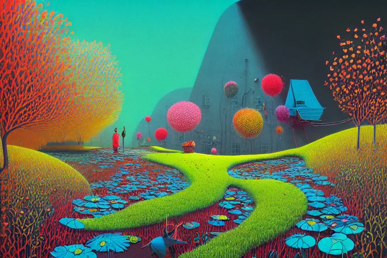 Image similar to surreal glimpse into other universe, hari merdeka, summer morning, very coherent and colorful high contrast, art by!!!! gediminas pranckevicius!!!!, geof darrow, floralpunk screen printing woodblock, dark shadows, hard lighting, stipple brush technique,