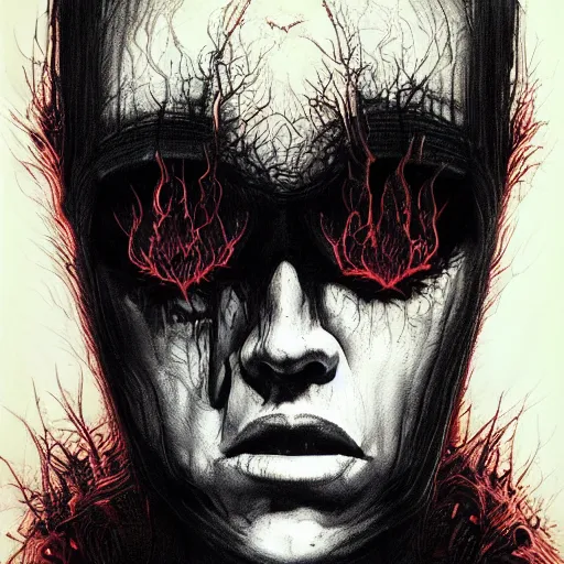 Prompt: my heart is on fire as i'm burning alive, trapped in my mind nightmare horrifying artwork by nekro, borja, syd mead, zdislaw cosmic horror charcoal artwork, surreal existentialism