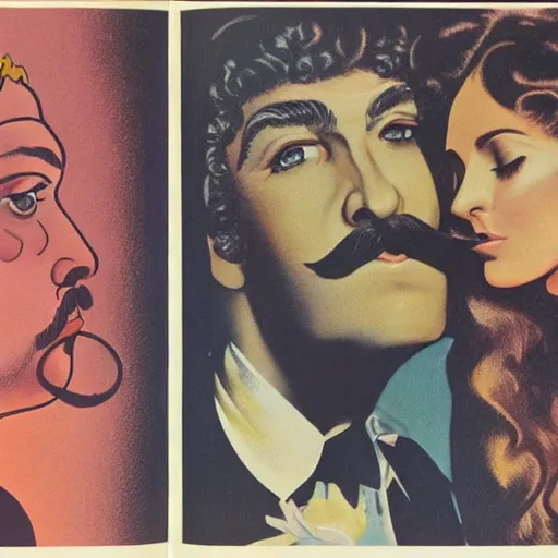 Prompt: a 7 0 s double page spread of a woman looking up at a man. the man has a moustache and the woman is called carmen and the caption how did i manage without carmen before. colour hi - def