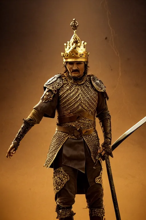 Prompt: Pedro Pascal as the king of the desert, gold crown, sword, warrior fighting in a dark scene, eyes, detailed scene, standing in a heroic figure, highly detailed, blood and dust in the air, action scene, cinematic lighting, dramatic lighting, trending on artstation, elegant, intricate, character design, motion and action and tragedy, fantasy, D&D, highly detailed, digital painting, concept art