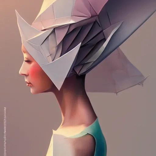 Prompt: 3 / 4 view of a beautiful girl wearing an origami dress, eye - level medium shot, elegant, by eiko ishioka, by peter mohrbacher, centered, fresh colors, origami, fashion, detailed illustration, vogue, high depth of field, japanese, reallusion character creator