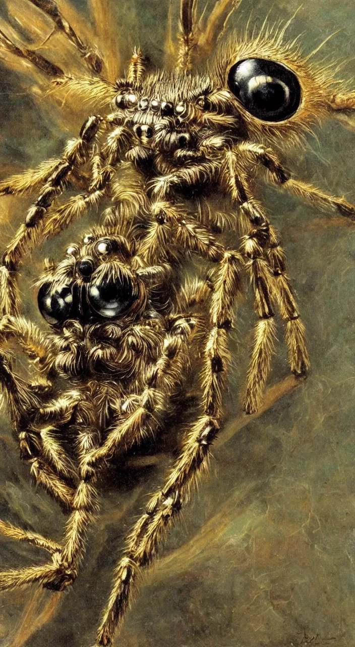 Prompt: biomechanical jumping spider, huge chrome eyes, sitting on a branch, painting by gaston bussiere and craig mullins and j. c. leyendecker and ernst haeckel and john william godward and hammershøi