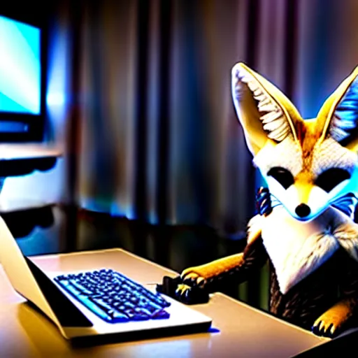 Image similar to an anthropomorphic male fennec fox sitting in a gaming chair drinking monster energy drinks, rbg keyboard, laptop, livestream, photo, 1 6 k