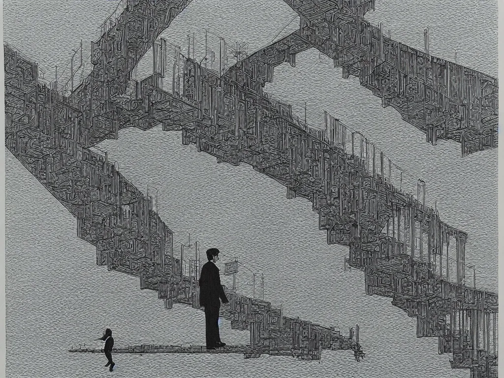 Prompt: lithograph printed in 1976. It depicts a man in a art gallery viewing a print of a seascape. The man\'s reflection is seen in the print, and the reflection shows the man walking down a staircase. The staircases in the print appear to be infinite, By M. C. Escher, colorized by Hayao Miyazaki