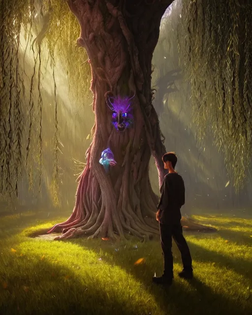 Image similar to highly detailed surreal vfx portrait of a cursed object in a shadowy forest by a willow tree, stephen bliss, unreal engine, greg rutkowski, loish, rhads, beeple, makoto shinkai and lois van baarle, ilya kuvshinov, rossdraws, tom bagshaw, alphonse mucha, global illumination, detailed and intricate environment