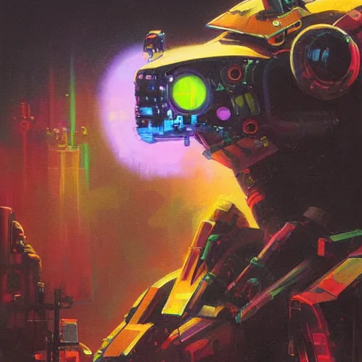 Image similar to a dark and colorful close - up of a sci - fi mecha lion robot with led lights glowing fog in the background. highly detailed science fiction painting by norman rockwell, frank frazetta, and syd mead. rich colors, high contrast, gloomy atmosphere, dark background. trending on artstation