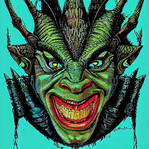 Prompt: portrait of dragon from shrek by Philippe Druillet