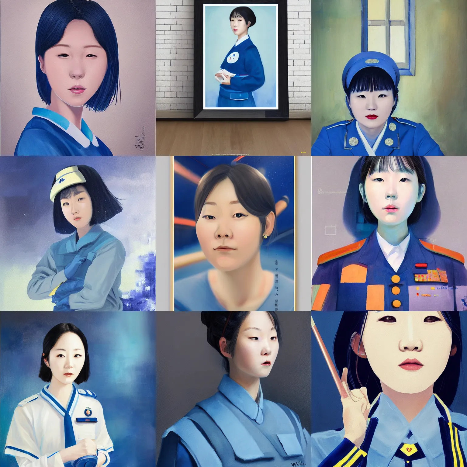 Prompt: a painting of a Korean woman in a blue uniform, a character portrait by WLOP, cg society contest winner, sci-fi art, reimagined by industrial light, poster art, concert poster