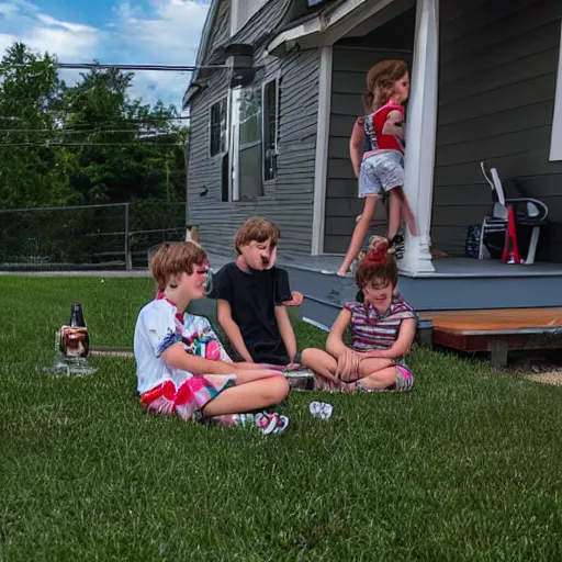 Image similar to kids sitting on a porch drinking root beer while looking at their lawn 8k in the background is a colorful galaxy in the sky