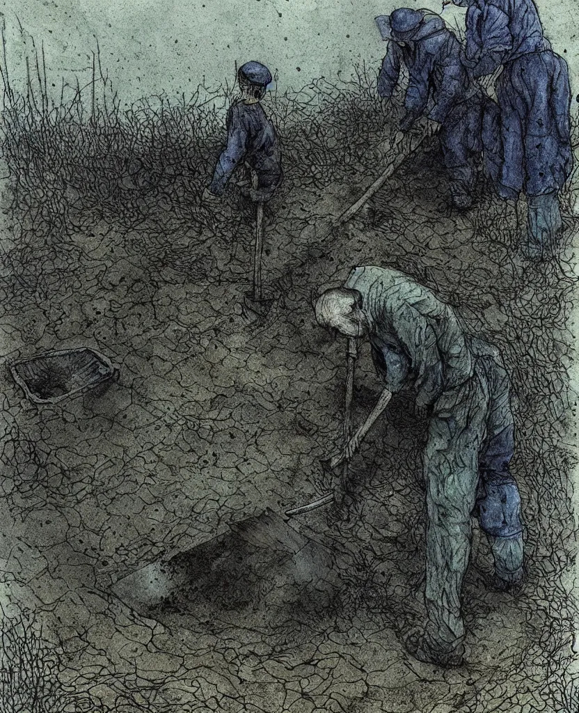 Image similar to a man with a shovel standing digging up a grave with a dead body in it, subtle blue, orange, and dark green tones, high quality, high detail, dark colors, sinister atmosphere, dramatic lighting, cinematic, establishing shot, extremely high detail, photo realistic, cinematic lighting, pen and ink, intricate line drawings, by Yoshitaka Amano, Ruan Jia, Kentaro Miura, Artgerm, post processed, concept art, artstation, matte painting, style by eddie mendoza, raphael lacoste, alex ross