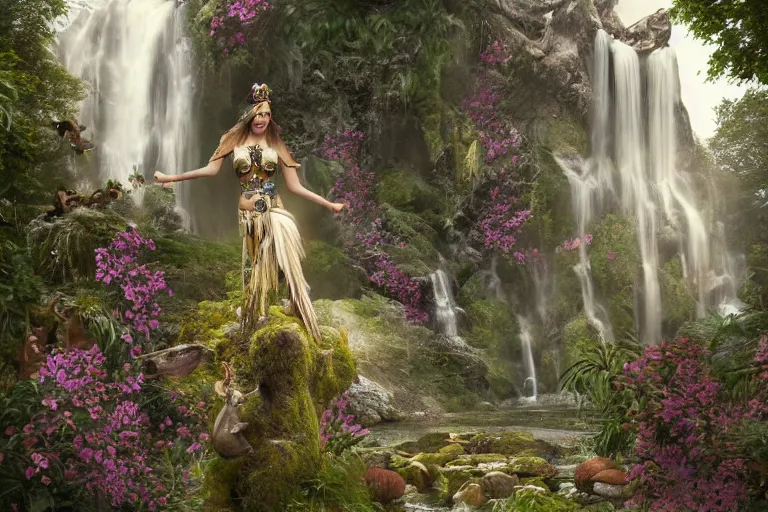 Prompt: A beautiful divine tribal high priestess with feathers and crystals in a lush field of flowers, highly detailed medieval temple with waterfall and Deer behind her, wide painting by greg rutkowski and HR Giger, Zbrush, Trending on artstation:1 H 1024