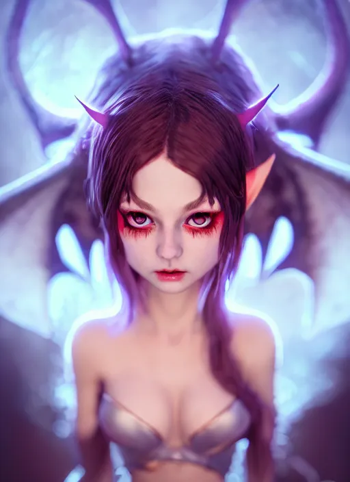 Image similar to imp demon goddess, cute elf ears, strapless dress, character portrait in the style of thomas river and artgerm, cinematic lighting, hyperdetailed, 8 k realistic, symmetrical, global illumination, radiant light,, frostbite 3 engine, cryengine, dof, trending on artstation, digital art, chanel