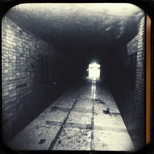 Image similar to flooded subway entrance, dark, liminal space, eerie, old polaroid,