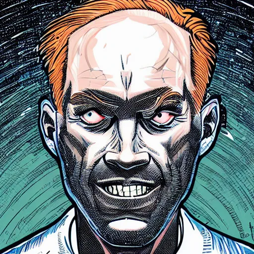 Prompt: by laurie greasley energetic. a beautiful painting of max brannings head. the head is bald & has a big nose. the eyes are wide open & have a crazy look. the mouth is open & has sharp teeth. the neck is long & thin.