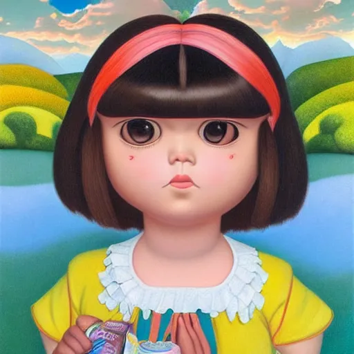 Image similar to portrait of real girl dora the explorer painted by fernando botero and mark ryden and hikari shimoda, lowbrow pop surrealism