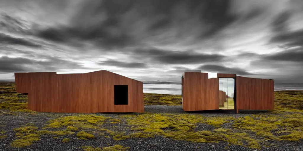 Prompt: futuristic architect house made from deconstucted ash wood and mirrors, floating, portal, iceland landscape photography, by lurie belegurschi and gunnar freyr