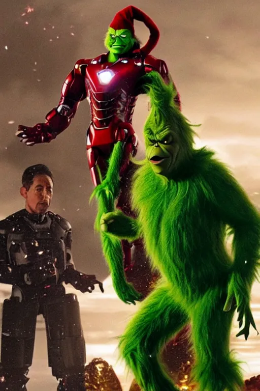 Prompt: The Grinch stole Ironman's armor, Grinch is Ironman, Ironman starring The Grinch