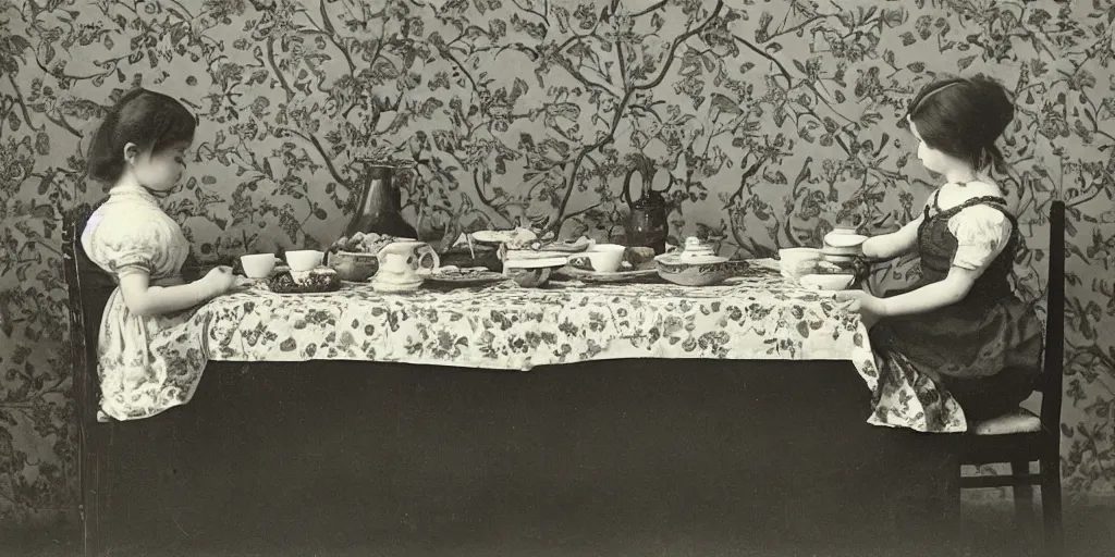 Image similar to a girl has breakfast with her cat at the table filled with food, flowery wallpaper, 1 8 8 0 s style, professional photography