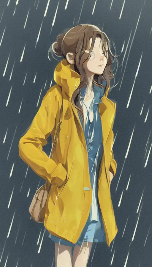 Image similar to girl in a yellow coat standing in the rain holding a small pocket watch, thick outlines, pale colors, digital art, hard edges, detailed, dynamic pose, character design, fisheye perspective, above angle, artwork by makoto shinkai, very coherent asymmetrical artwork, matte painting, sharp edges, perfect face, simple form