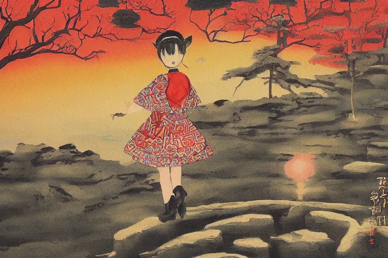Image similar to a painting of a character in a scenic environment by nobuhiko obayashi
