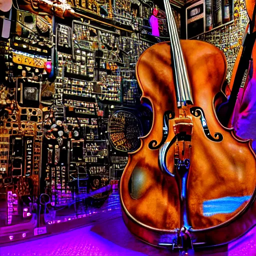 Prompt: a cello made from circuit boards and vacuum tubes, bright colors, cinematic, smooth, dramatic, detailed and realistic studio photograph, 8k, unreal engine, XF IQ4, 50mm, F1.4, ISO 200, 1/160s, natural light, Adobe Lightroom, photolab, Affinity Photo, PhotoDirector 365