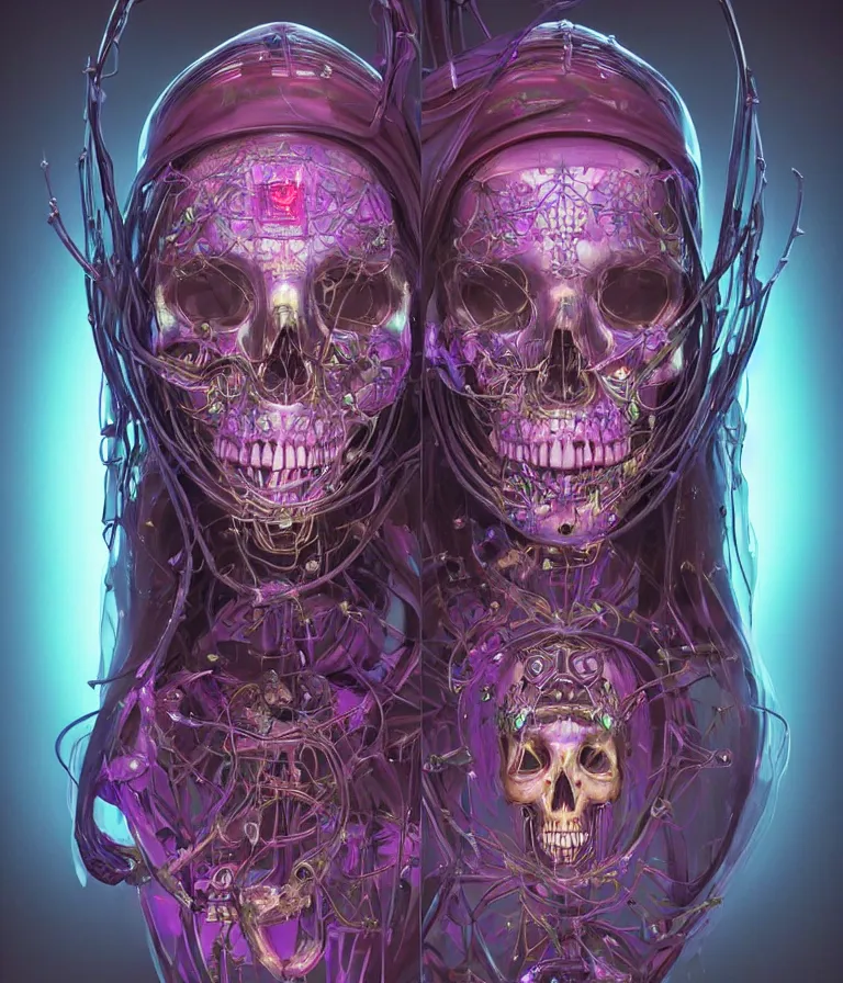 Image similar to fully symmetrical centered iridescent portrait of a beautiful princess of death in robe. skulls artificial muscles, ribcage, bones, hard surface modelling. cyberpunk look. biomechanical mask. bio luminescent biomechanical halo around head. neon jellyfish. artwork by jarold Sng by artgerm, by Eddie Mendoza, by Peter mohrbacher by tooth wu, unreal engine, octane render, cinematic light, high details, iridescent colors, dichroic, macro, depth of field, blur