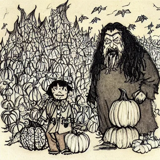 Image similar to a color illustration of hagrid and harry in a pumpkin patch by arthur rackham