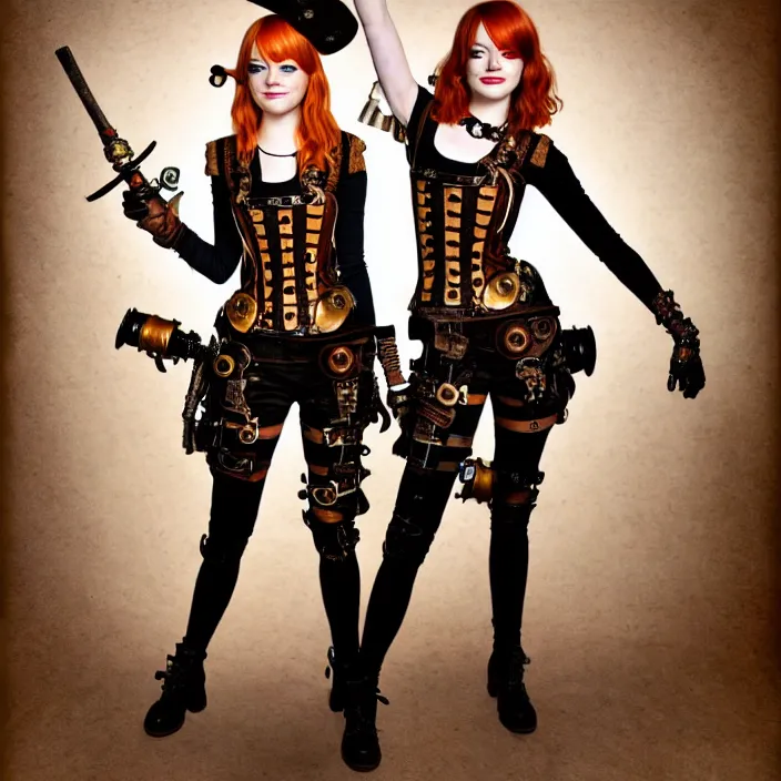 Image similar to professional full length photograph of emma stone as a steampunk warrior. Extremely detailed. 8k