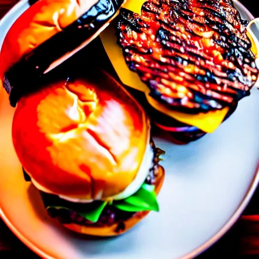 Prompt: The ultimate double cheeseburger with extra unagi, on a hand carved cherrywood plate. Perfect photography.