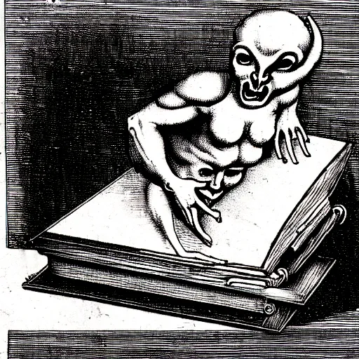 Prompt: a devilish spirits emerging from a book ontop of a computer, renaissance era sketch, satanic, ritual